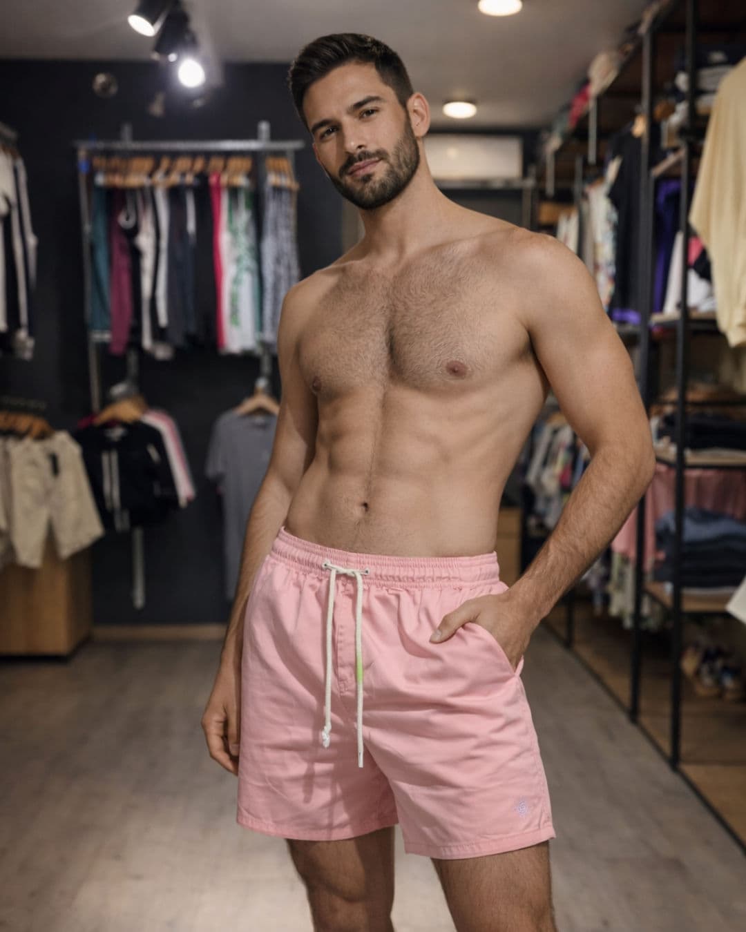 Detalle de exhibición en tienda con foco en capas y siluetas masculinas
